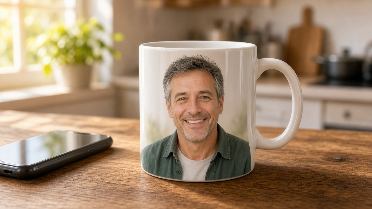 Personalized dad mug with Dad's smiling face on a kitchen table